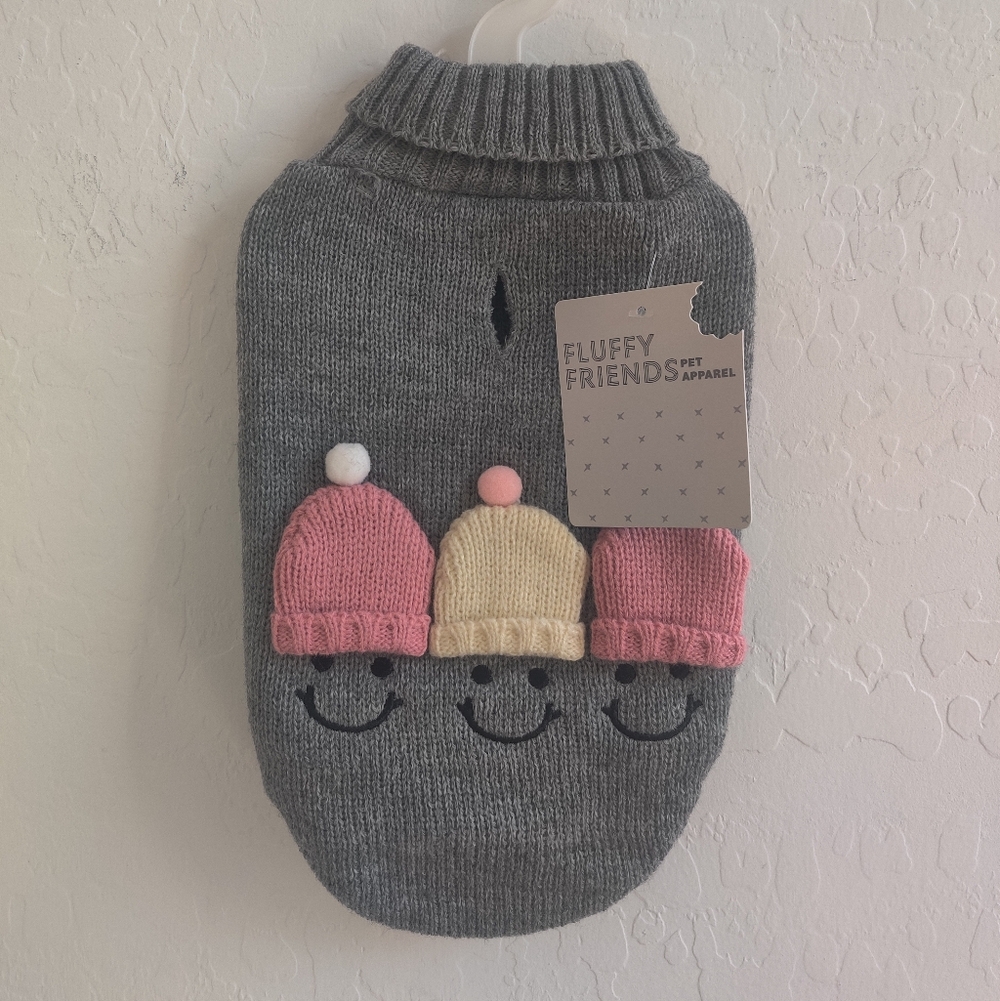 🆕 Fluffy Friends Gray Knit Dog Sweater with Pink & Cream Pom Hat Accents_XS